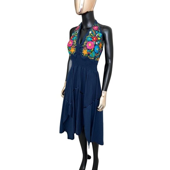 Handmade Navy Embroidered Halter Dress Boho Sharkbite Hem Festival Dress Small - Picture 8 of 10